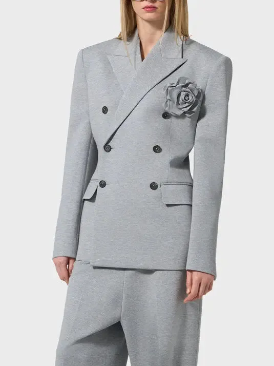 Women’s Double-Breasted Gray Jersey Blazer with Floral Applique
